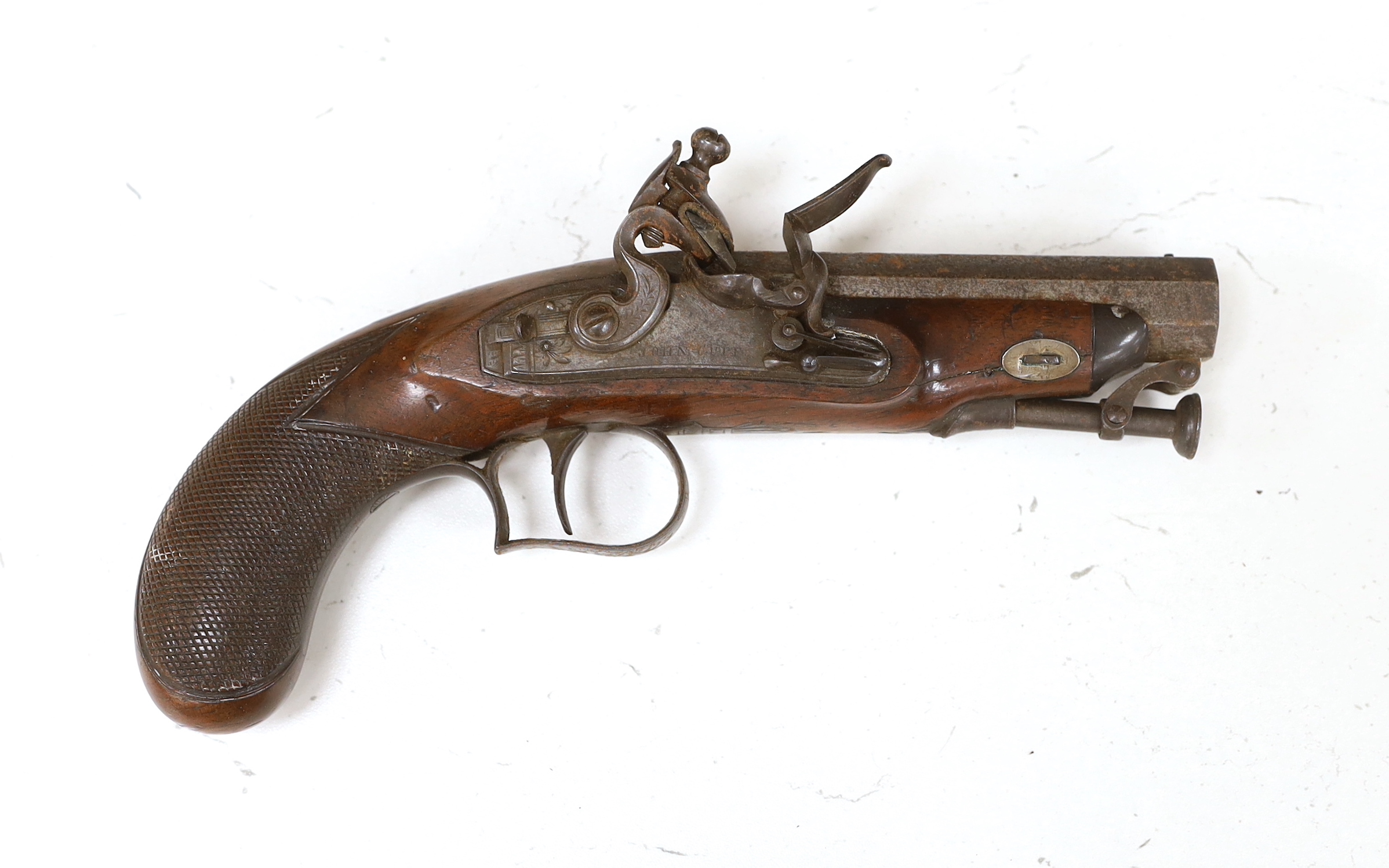 An 18 bore flintlock travelling pistol by John Cuff, octagonal barrel engraved 106 Regent Street London